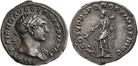 Trajan, 98-117. Denarius (Silver, 19 mm, 3.39 g, 6 h), Rome, circa 107-108. IMP TRAIANO AVG GER DAC P M TR P Laureate head of Trajan to right, with sl...
