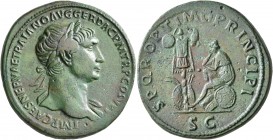 Trajan, 98-117. Sestertius (Orichalcum, 34 mm, 25.08 g, 7 h), Rome, circa 108-109/10. IMP CAES NERVAE TRAIANO AVG GER DAC P M TR P COS V P P Laureate ...