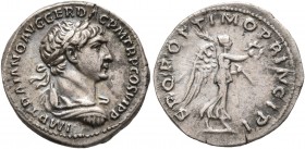 Trajan, 98-117. Quinarius (Silver, 15 mm, 1.80 g, 6 h), Rome, 112-114. IMP TRAIANO AVG GER DAC P M TR P COS VI P P Laureate, draped and cuirassed bust...