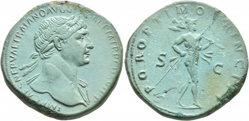 Trajan, 98-117. Sestertius (Orichalcum, 32 mm, 25.23 g, 6 h), Rome, circa 112-11...