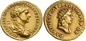 Trajan, 98-117. Aureus (Gold, 20 mm, 7.27 g, 7 h), Rome, autumn 116-August 117. IMP CAES NER TRAIAN OPTIM AVG GERM DAC Laureate, draped and cuirassed ...