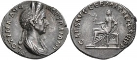 Plotina, Augusta, 105-123. Denarius (Silver, 20 mm, 3.06 g, 7 h), Rome, 112-114. PLOTINA AVG IMP TRAIANI Draped bust of Plotina to right, wearing step...