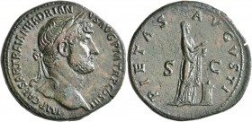 Hadrian, 117-138. Sestertius (Orichalcum, 34 mm, 24.16 g, 6 h), Rome, 119-121. IMP CAESAR TRAIAN HADRIANVS AVG P M TR P COS III Laureate head of Hadri...