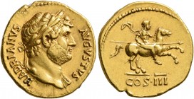 Hadrian, 117-138. Aureus (Gold, 20 mm, 7.30 g, 6 h), Rome, 125-128. HADRIANVS AVGVSTVS Laureate head of Hadrian to right, with slight drapery on his l...