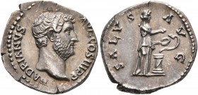 Hadrian, 117-138. Denarius (Silver, 18 mm, 3.42 g, 6 h), Rome, 133-135. HADRIANVS AVG COS III P P Bare head of Hadrian to right. Rev. SALVS AVG Salus ...