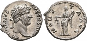 Hadrian, 117-138. Denarius (Silver, 18 mm, 3.72 g, 7 h), Rome, 136. HADRIANVS AVG COS III P P Laureate head of Hadrian to right. Rev. MONETA•AVG Monet...