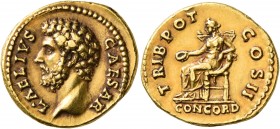 Aelius, Caesar, 136-138. Aureus (Gold, 19 mm, 7.26 g, 7 h), Rome, 137. L•AELIVS CAESAR Bare head of Aelius to left. Rev. TRIB POT COS II / CONCORD Con...