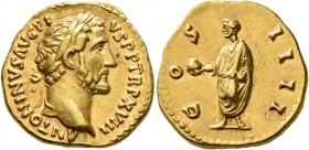 Antoninus Pius, 138-161. Aureus (Gold, 19 mm, 7.17 g, 1 h), Rome, 154-155. ANTONINVS AVG PIVS P P TR P XVIII Laureate head of Antoninus Pius to right....