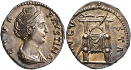 Diva Faustina Senior, died 140/1. Denarius (Silver, 18 mm, 3.71 g, 6 h), Rome. DIVA FAVSTINA Diademed and draped bust of Diva Faustina to right. Rev. ...