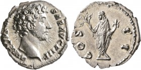 Marcus Aurelius, as Caesar, 139-161. Denarius (Silver, 18 mm, 3.50 g, 7 h), Rome, circa 145-147. AVRELIVS CAESAR AVG PII F Bare head of Marcus Aureliu...