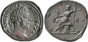 Marcus Aurelius, 161-180. Sestertius (Orichalcum, 30 mm, 27.50 g, 6 h), Rome, 170-171. M ANTONINVS AVG TR P XXV Laureate head of Marcus Aurelius to ri...