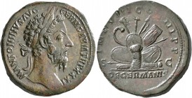 Marcus Aurelius, 161-180. Sestertius (Orichalcum, 32 mm, 25.16 g, 6 h), Rome, 177. M ANTONINVS AVG GERM SARM TR P XXXI Laureate head of Marcus Aureliu...