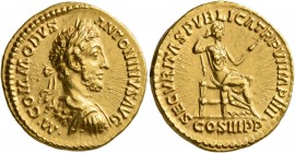 Commodus, 177-192. Aureus (Gold, 20 mm, 7.30 g, 1 h), Rome, 181. •M•COMMODVS ANTONINVS AVG Laureate and cuirassed bust of Commodus to right, seen from...