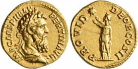 Pertinax, 193. Aureus (Gold, 20 mm, 7.27 g, 6 h), Rome, 1 January-28 March 193. IMP CAES P HELV PERTIN•AVG Laureate and draped bust of Pertinax to rig...