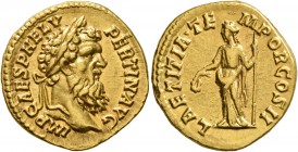 Pertinax, 193. Aureus (Gold, 21 mm, 7.31 g, 6 h), Rome, 1 January-28 March 193. IMP CAES P HELV PERTIN•AVG Laureate head of Pertinax to right. Rev. LA...