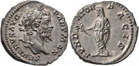 Septimius Severus, 193-211. Denarius (Silver, 18 mm, 3.20 g, 11 h), Rome, 201-202. SEVERVS PIVS AVG Laureate head of Septimius Severus to right. Rev. ...
