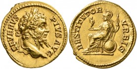 Septimius Severus, 193-211. Aureus (Gold, 20 mm, 7.09 g, 6 h), Rome, 206-early 208. SEVERVS PIVS AVG Laureate head of Septimius Severus to right. Rev....