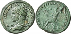 Caracalla, 198-217. Dupondius (Orichalcum, 26 mm, 11.78 g, 1 h), Rome, 214. ANTONINVS PIVS AVG GERM Radiate and draped bust of Caracalla to left, seen...