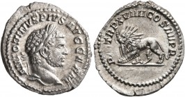 Caracalla, 198-217. Denarius (Silver, 20 mm, 3.26 g, 1 h), Rome, 216. ANTONINVS PIVS AVG GERM Laureate head of Caracalla to right. Rev. P M TR P XVIII...