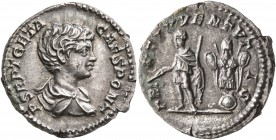 Geta, as Caesar, 198-209. Denarius (Silver, 18 mm, 3.64 g, 6 h), Rome, 202-203. P SEPT GETA CAES PONT Bare-headed and draped bust of Geta to right, se...