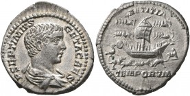 Geta, as Caesar, 198-209. Denarius (Silver, 20 mm, 3.00 g, 6 h), Rome, 206. P SEPTIMIVS GETA CAES Bare-headed and draped bust of Geta to right, seen f...