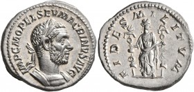 Macrinus, 217-218. Denarius (Silver, 20 mm, 3.56 g, 7 h), Rome, summer 217-early 218. IMP C M OPEL SEV MACRINVS AVG Laureate and cuirassed bust of Mac...