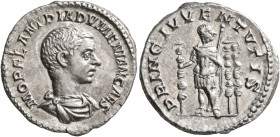 Diadumenian, as Caesar, 217-218. Denarius (Silver, 19 mm, 3.66 g, 7 h), Rome, summer 217-early 218. M OPEL ANT DIADVMENIAN CAES Bare-headed and draped...