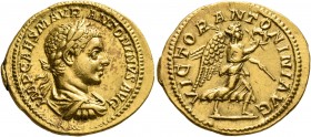 Elagabalus, 218-222. Aureus (Gold, 22 mm, 6.22 g, 7 h), Rome, 218-219. IMP CAES M AVR ANTONINVS AVG Laureate, draped and cuirassed bust of Elagabalus ...