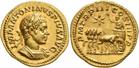 Elagabalus, 218-222. Aureus (Gold, 21 mm, 6.08 g, 1 h), Rome, 220. IMP ANTONINVS PIVS AVG Laureate and cuirassed bust of Elagabalus to right. Rev. P M...