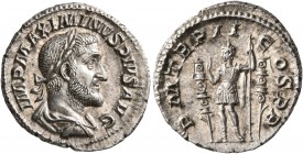 Maximinus I, 235-238. Denarius (Silver, 19 mm, 2.90 g, 7 h), Rome, 236. IMP MAXIMINVS PIVS AVG Laureate, draped and cuirassed bust of Maximinus I to r...
