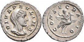 Diva Paulina, died before 235. Denarius (Silver, 21 mm, 3.53 g, 12 h), Rome. DIVA PAVLINA Veiled and draped bust of Diva Paulina to right. Rev. CONSEC...