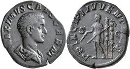 Maximus, Caesar, 235/6-238. Sestertius (Orichalcum, 31 mm, 19.36 g, 1 h), Rome, 236-238. MAXIMVS CAES GERM Bare-headed and draped bust of Maximus to r...