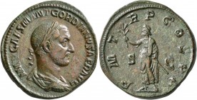 Gordian I, 238. Sestertius (Orichalcum, 31 mm, 21.28 g, 1 h), Rome, March-April 238. IMP CAES M ANT GORDIANVS AFR AVG Laureate, draped and cuirassed b...