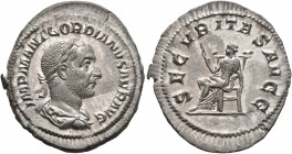Gordian I, 238. Denarius (Silver, 22 mm, 3.00 g, 7 h), Rome, March-April 238. IMP M ANT GORDIANVS AFR AVG Laureate, draped and cuirassed bust of Gordi...