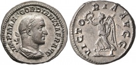 Gordian II, 238. Denarius (Silver, 19 mm, 3.14 g, 6 h), Rome, March-April 238. IMP M ANT GORDIANVS AFR AVG Laureate, draped and cuirassed bust of Gord...