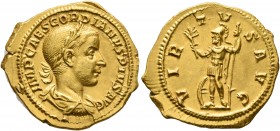 Gordian III, 238-244. Aureus (Gold, 21 mm, 5.06 g, 7 h), Rome, 240. IMP CAES GORDIANVS PIVS AVG Laureate, draped and cuirassed bust of Gordian III to ...