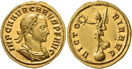 Carus, 282-283. Aureus (Gold, 20 mm, 4.64 g, 1 h), Siscia, October 282-January 283. IMP C M AVR CARVS P F AVG Laureate, draped and cuirassed bust of C...