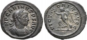 Carinus, 283-285. Denarius (Silvered bronze, 17 mm, 2.58 g, 6 h), Rome. IMP CARINVS P F AVG Laureate and cuirassed bust of Carinus to right. Rev. VICT...