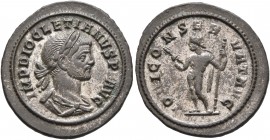 Diocletian, 284-305. Denarius (Silvered bronze, 21 mm, 2.80 g, 1 h), Rome, 286. IMP DIOCLETIANVS P F AVG Laureate, draped and cuirassed bust of Diocle...