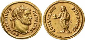Diocletian, 284-305. Aureus (Gold, 20 mm, 5.34 g, 12 h), Cyzicus, 290. DIOCLETIANVS AVGVSTVS Laureate head of Diocletian to right. Rev. CONSVL IIII P ...