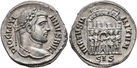 Diocletian, 284-305. Argenteus (Silver, 19 mm, 3.17 g, 1 h), Siscia, 295. DIOCLETIANVS AVG Laureate head of Diocletian to right. Rev. VIRTVS MILITVM /...