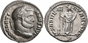 Diocletian, 284-305. Argenteus (Silver, 17 mm, 3.37 g, 7 h), Carthage, 296-298. DIOCLETIANVS AVG Laureate head of Diocletian to right. Rev. F ADVENT A...