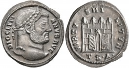 Diocletian, 284-305. Argenteus (Silver, 20 mm, 3.28 g, 6 h), Thessalonica, 302. DIOCLETIANVS AVG Laureate head of Diocletian to right. Rev. VIRTVS MIL...