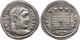 Constantius I, 305-306. Argenteus (Silver, 19 mm, 3.35 g, 1 h), Serdica. CONSTANTIVS AVG Laureate head of Constantius I to right. Rev. VIRTVS MILITVM ...