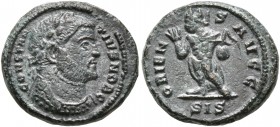 Constantius I, as Caesar, 293-305. Quinarius (Bronze, 15 mm, 2.56 g, 5 h), Siscia, 293-294. CONSTAN-TIVS NOB C Laureate head of Constantius I to right...