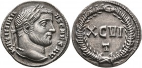 Galerius, as Caesar, 293-305. Argenteus (Silver, 18 mm, 3.19 g, 12 h), Ticinum, 300. MAXIMIANVS CAESAR Laureate head of Galerius to right. Rev. XCVI /...