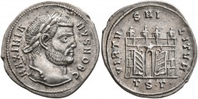 Galerius, as Caesar, 293-305. Argenteus (Silver, 20 mm, 3.15 g, 6 h), Thessalonica, 302. MAXIMIANVS NOB C Laureate head of Galerius to right. Rev. VIR...