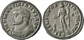 Galerius, 305-311. Follis (Bronze, 29 mm, 10.85 g, 5 h), Lugdunum, 305-306. IMP MAXIMIANVS AVG Laureate and cuirassed bust of Galerius to left. Rev. G...