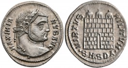 Galerius, 305-311. Argenteus (Silver, 20 mm, 3.30 g, 1 h), Serdica, 305-306. MAXIMIANVS AVG Laureate head of Galerius to right. Rev. VIRTVS MILITVM / ...
