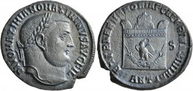 Divus Galerius, died 311. Follis (Bronze, 24 mm, 6.14 g, 11 h), Antiochia, 311. DIVO MAXIMIANO MAXIMINVS AVG FIL Laureate head of Divus Galerius to ri...
